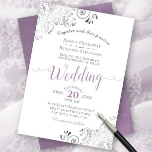 Silver Frills Elegant Lavender on White Wedding Einladung
