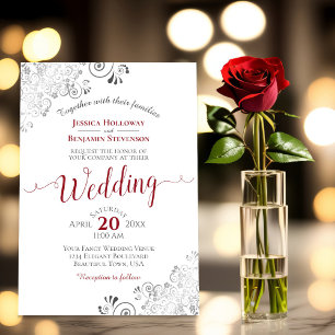 Silver Frills Elegant Red & Grey on White Wedding Einladung