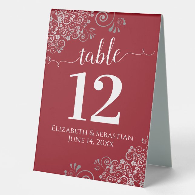 Silver Frills Elegant Red Wedding Tischnummer Tischaufsteller (Vorderseite)