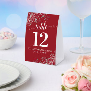 Silver Frills Elegant Red Wedding Tischnummer Tischaufsteller