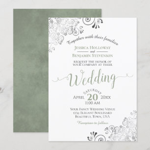 Silver Frills Elegant Sage Green auf White Wedding Einladung