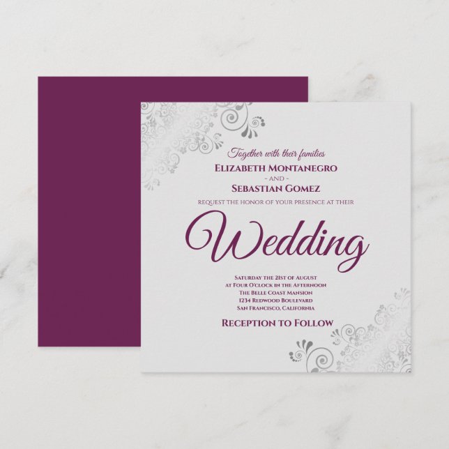 Silver Frills Elegante Cassis & Gray Square Weddin Einladung (Vorne/Hinten)