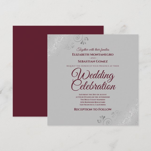 Silver Frills Gray Burguny Elegante Square Wedding Einladung (Vorne/Hinten)