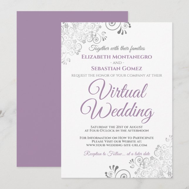Silver Frills Lavender & White Virtual Wedding Einladung (Vorne/Hinten)