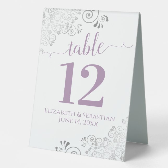 Silver Frills Lavender White Wedding Tischnummer Tischaufsteller (Vorderseite)