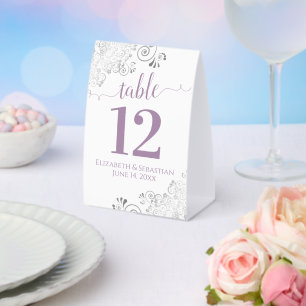Silver Frills Lavender White Wedding Tischnummer Tischaufsteller