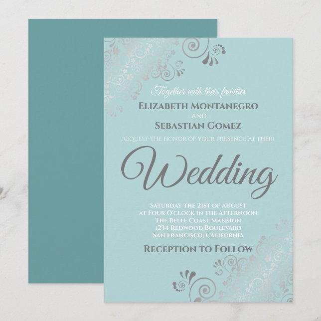 Silver Frills Light Aquamarin und Gray Wedding Einladung (Vorne/Hinten)