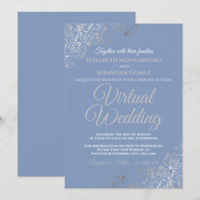 Silver Frills Light Blue und Gray Virtual Wedding Einladung (Vorne/Hinten)