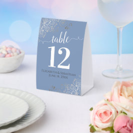 Silver Frills Light Blue Wedding Tischnummer Tischaufsteller