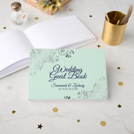 Silver Frills Mint Green & Navy Elegant Wedding Gästebuch