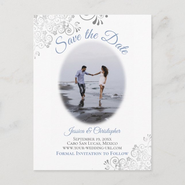 Silver Frills mit Foto Blue Wedding Save the Date Ankündigungspostkarte (Vorderseite)