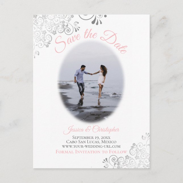 Silver Frills mit Foto Pink Wedding Save the Date Ankündigungspostkarte (Vorderseite)