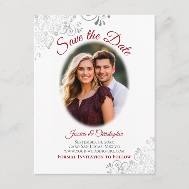 Silver Frills mit Foto Red Wedding Save the Date Ankündigungspostkarte (Vorderseite)
