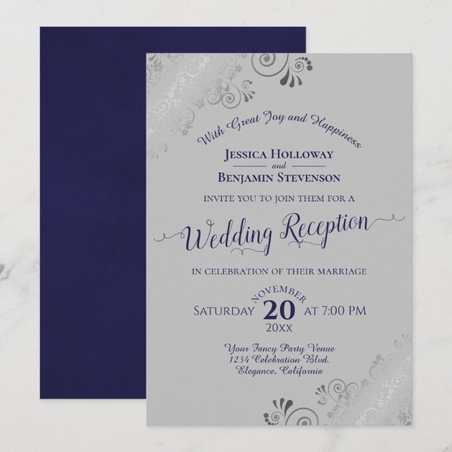 Silver Frills Navy Blue & Gray Wedding Reception Einladung (Vorne/Hinten)