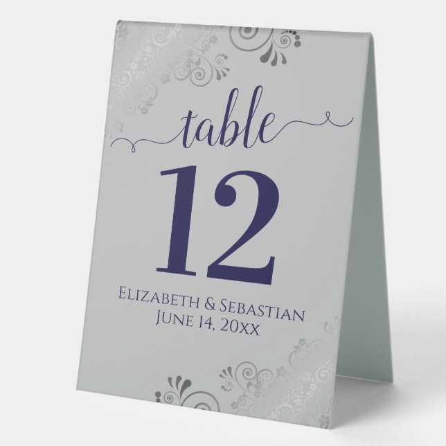 Silver Frills Navy Blue Gray Wedding Tischnummer Tischaufsteller (Vorderseite)