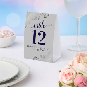 Silver Frills Navy Blue Gray Wedding Tischnummer Tischaufsteller