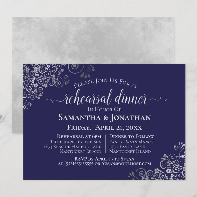 Silver Frills Navy Blue Wedding Probe & Dinner Einladung (Vorne/Hinten)