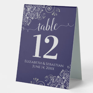 Silver Frills Navy Blue Wedding Tischnummer Tischaufsteller