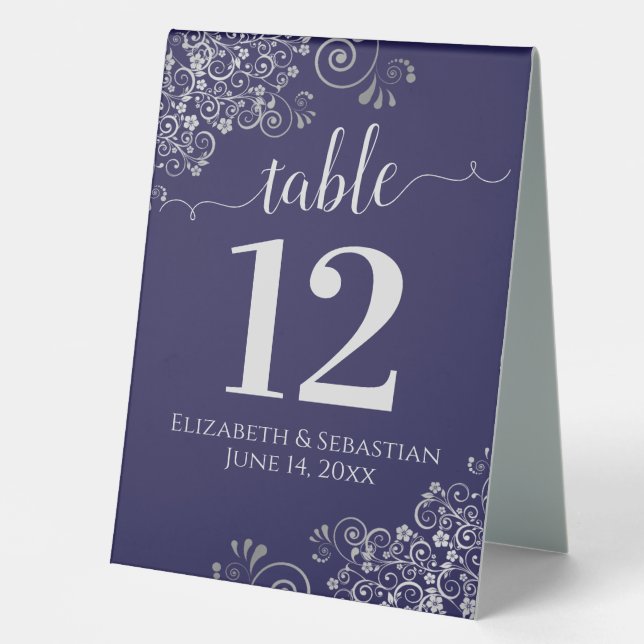 Silver Frills Navy Blue Wedding Tischnummer Tischaufsteller (Vorderseite)