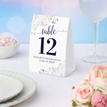Silver Frills Navy White Wedding Tischnummer