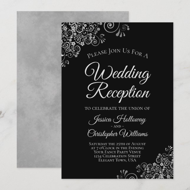 Silver Frills on Black Elegant Wedding Empfang Einladung (Vorne/Hinten)