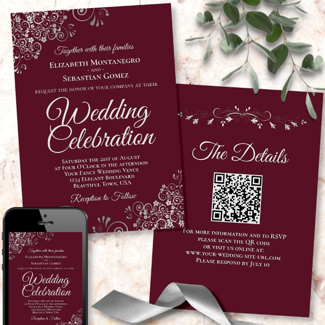 Silver Frills on Burgundy Elegant QR Code Wedding Einladung (Front/Back/Downloadable)