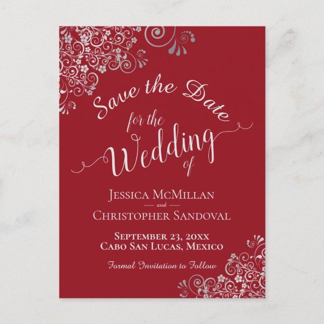 Silver Frills on Crimson Red Wedding Save the Date Ankündigungspostkarte (Vorderseite)