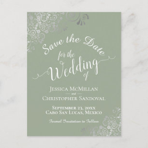 Silver Frills on Sage Green Wedding Save the Date Ankündigungspostkarte