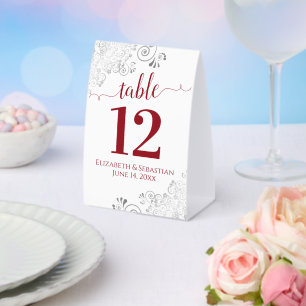 Silver Frills Red on White Wedding Tischnummer Tischaufsteller