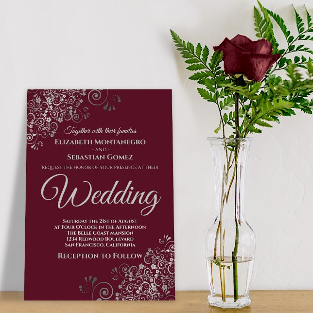 Silver Frills Simple Chic Burgundy Wedding Einladung (Von Creator hochgeladen)