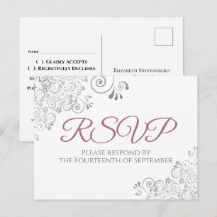Silver Frills Simple Chic Dusty Rose Wedding RSVP Postkarte