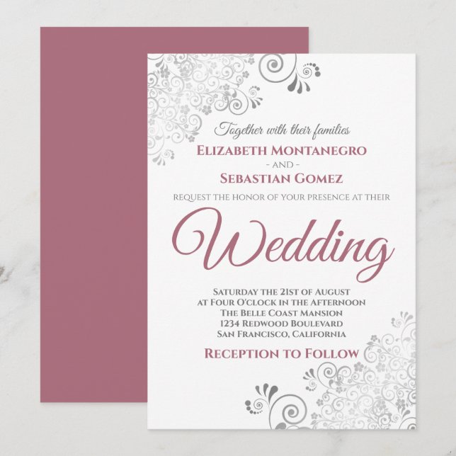 Silver Frills Simple Chic Dusty Rose White Wedding Einladung (Vorne/Hinten)