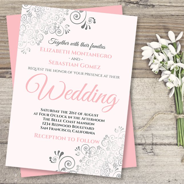 Silver Frills Simple Chic Pink und Gray Wedding Einladung (Von Creator hochgeladen)