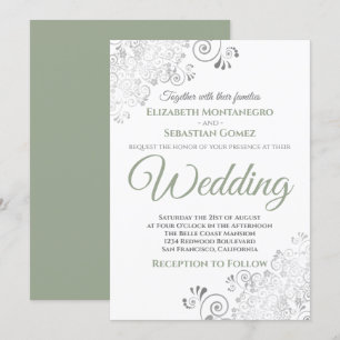 Silver Frills Simple Chic Sage Green White Wedding Einladung