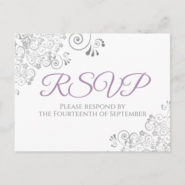 Silver Frills Simple Elegant Lila Wedding RSVP Postkarte (Vorderseite)