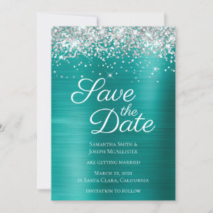 Silver Funkelnd Glitzer Aqua Aquamarin Ombre Foil Save The Date