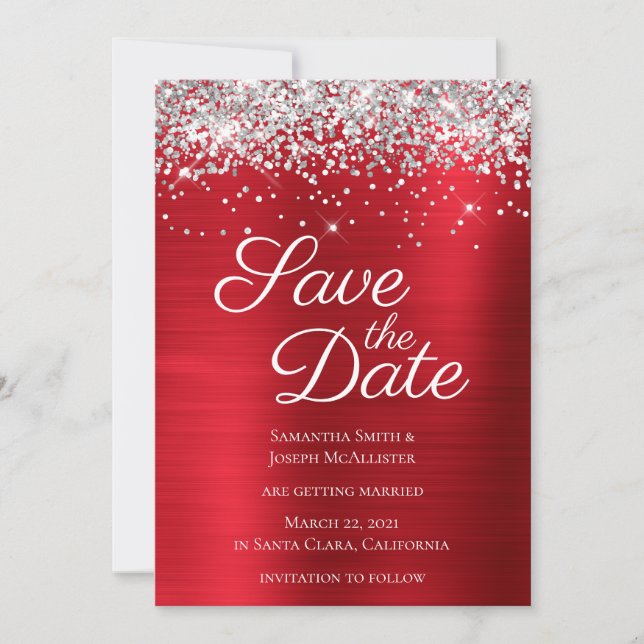Silver Funkelnd Glitzer Red Ombre Foil Save The Date (Vorderseite)