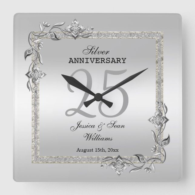 Silver Gem & Glitter 25th Wedding Anniversary Quadratische Wanduhr (Vorderseite)