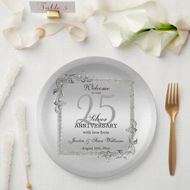 Silver Gem & Glitzer 25. Hochzeitstag Pappteller (Hochzeit)