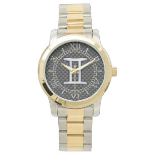Silver Gemini Sign on Kohle Carbon Print Dial Armbanduhr