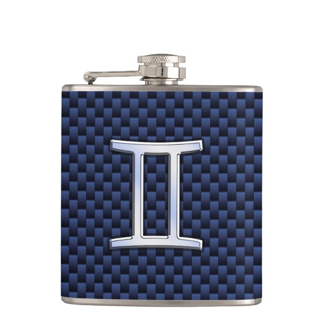 Silver Gemini Zodiac Sign Blue Carbon Fibre Print Flachmann (Vorderseite)