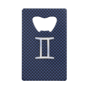 Silver Gemini Zodiac Sign Blue Carbon Fibre Print Kreditkartenflaschenöffner