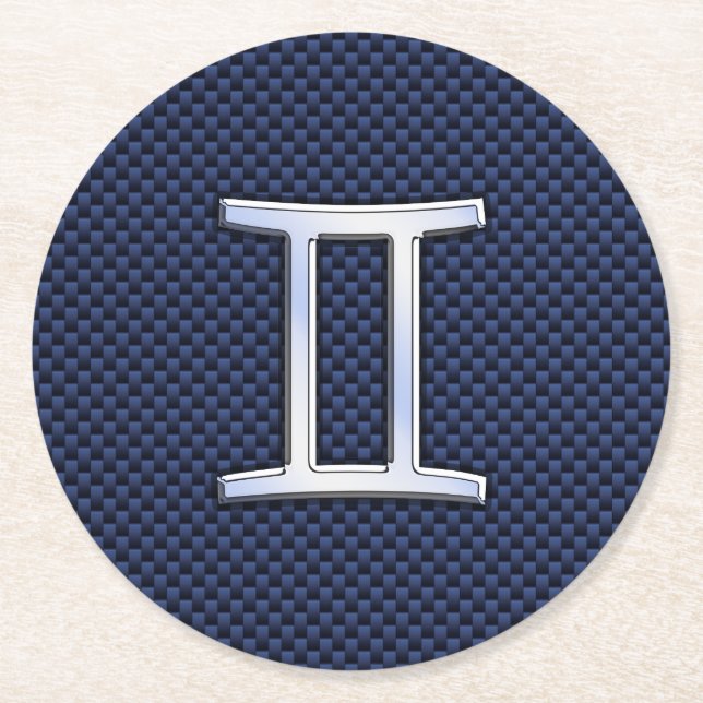 Silver Gemini Zodiac Sign Blue Carbon Fibre Print Runder Pappuntersetzer (Vorderseite)