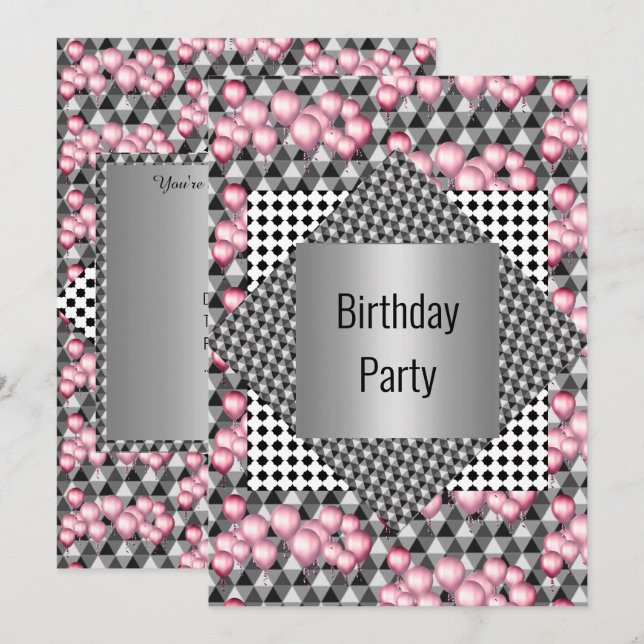 Silver Gemustert Pink Ballon All Occassion PARTY Einladung (Vorne/Hinten)