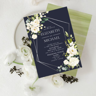 Silver Geometric Blue Floral Wedding Einladung