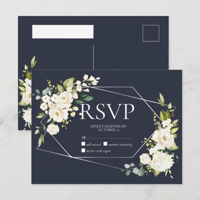 Silver Geometric Blue White Floral No Menu UAWG Einladungspostkarte (Vorne/Hinten)