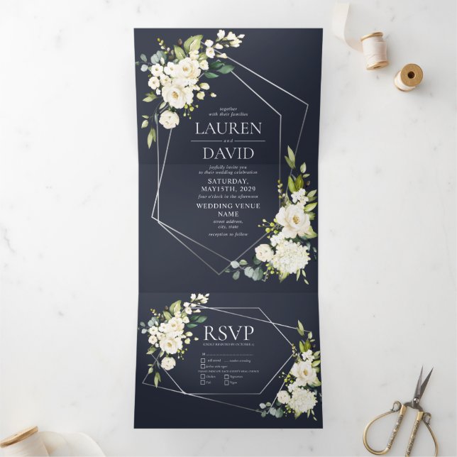 Silver Geometric Navy White Floral Wedding Dreifach Gefaltete Einladung (Innenseite)