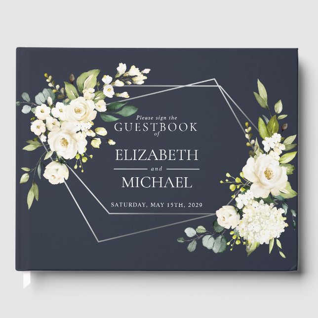 Silver Geometric Navy White Floral Wedding Gästebuch (Vorderseite)