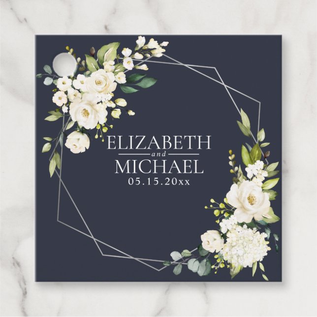 Silver Geometric Navy White Floral Wedding Geschenkanhänger (Vorderseite)