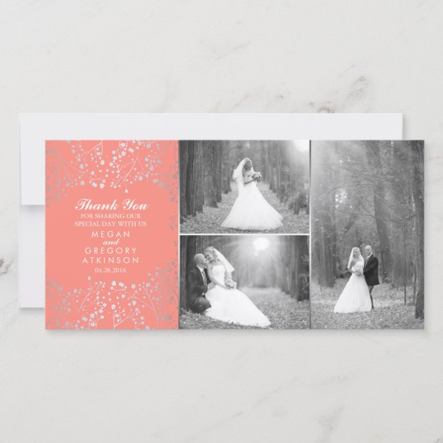 Silver Gipskraut Coral Wedding Foto Vielen Dank Dankeskarte (Vorderseite)